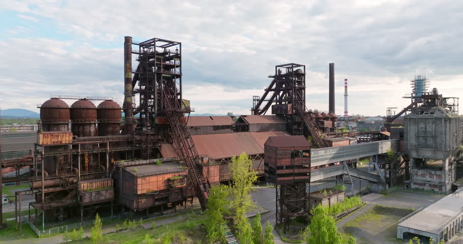 Aerial view shot of old steel factory In Area Dolni Vitkovice, Ostrava, Czech Republic