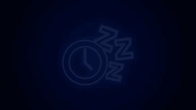 Glowing neon line Alarm clock icon isolated on black background. Wake up, get up concept. Time sign. 4K Video motion graphic animation.