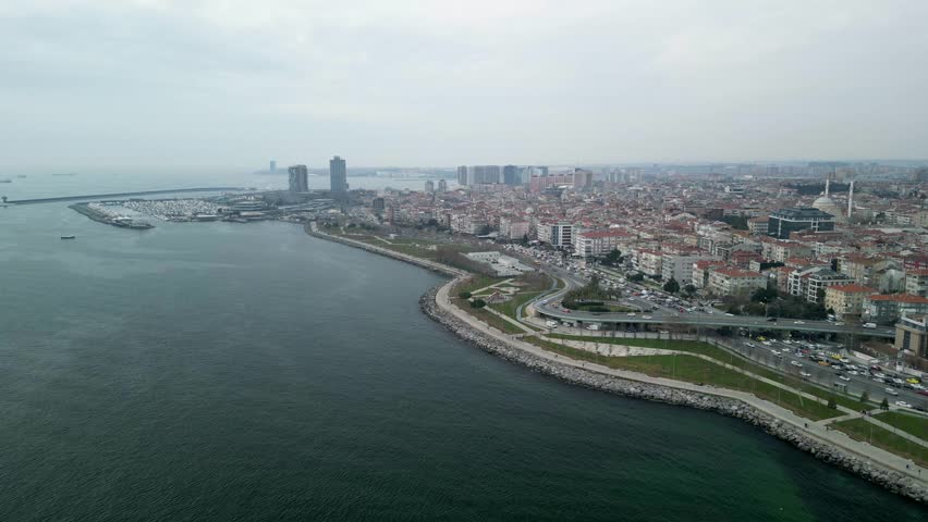Istanbul shore near the Bakirkoy Beach Park and marina Royalty-Free Stock Footage #1103879557