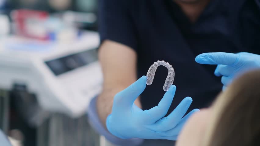 Dentist wearing rubber gloves holding transparent aligners for teeth correction for a patient in a modern dentistry clinic.  Royalty-Free Stock Footage #1103880543