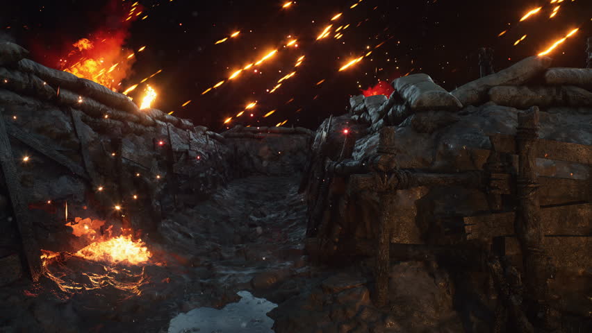 The atmosphere as the specter of war envelops the neighborhood. A Terrifying Glimpse into the Realities of Battlefield Trenches. The animation is suitable for military backgrounds.