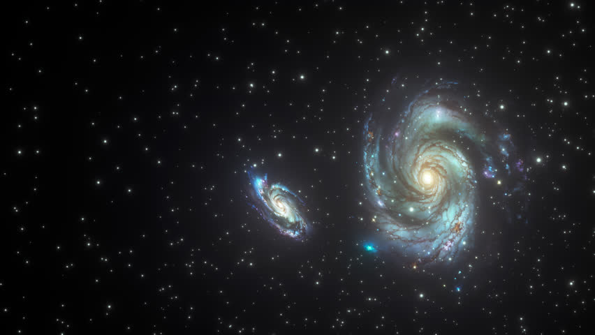 Glide seamlessly through the cosmic expanse towards a unique spectacle of two galaxies converging. Grandeur of these celestial bodies in a delicate dance of cosmic forces. 4K 3D. 3D Illustration Royalty-Free Stock Footage #1103882545