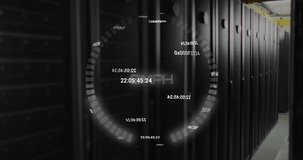 Animation of changing numbers over spinning globe and round scanner against computer server room. Global networking and business data storage technology concept - Powered by Shutterstock - Get 15% off with code: PIKWIZARD15