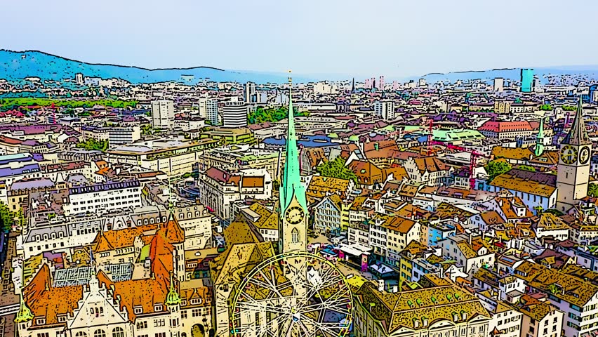 Zurich, Switzerland. The Fraumunster Church dominates the center of the frame with its tall green copper spire and clock tower, rising above the dense cluster of historic rooftops. The camera sweeps in a smooth aerial arc around the church, revealing the winding Limmat River to the right, its turquoise waters bordered by stone embankments and bridges connecting the old town. The twin towers of the Grossmunster and the clock face of St Peter