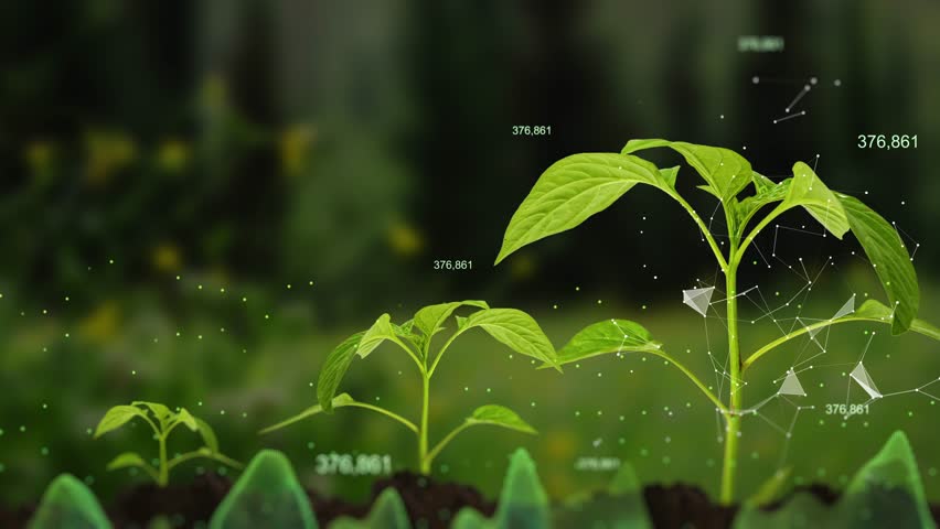 Agricultural technologies for growing plants and scientific research in the field of biology and chemistry of nature. Living green sprout in the hands of a farmer. Organic digital background Royalty-Free Stock Footage #1103891999