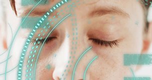 Animation of scope scanning over caucasian woman opening eyes. Global medicine and digital interface concept digitally generated video.
