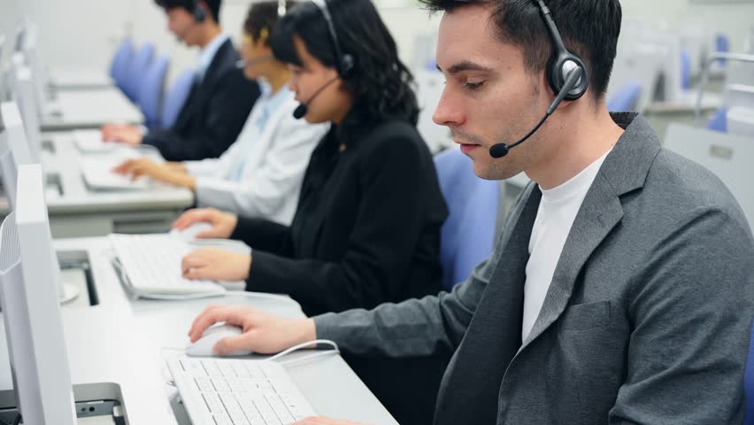 Group of multinational people working in office. Call center. Operators. 