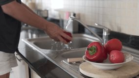 A man washes peppers and tomatoes underwater in a kitchen Sink and puts them on a plate, focus on a plate of vegetables. - Powered by Shutterstock - Get 15% off with code: PIKWIZARD15