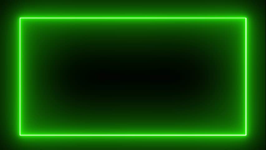 green neon effect rectangle frame line seamless looping video. Square flowing green neon light frame on black background.
