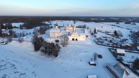 Ferapontov monastery on a December evening (aerial video). Vologda region, Russia