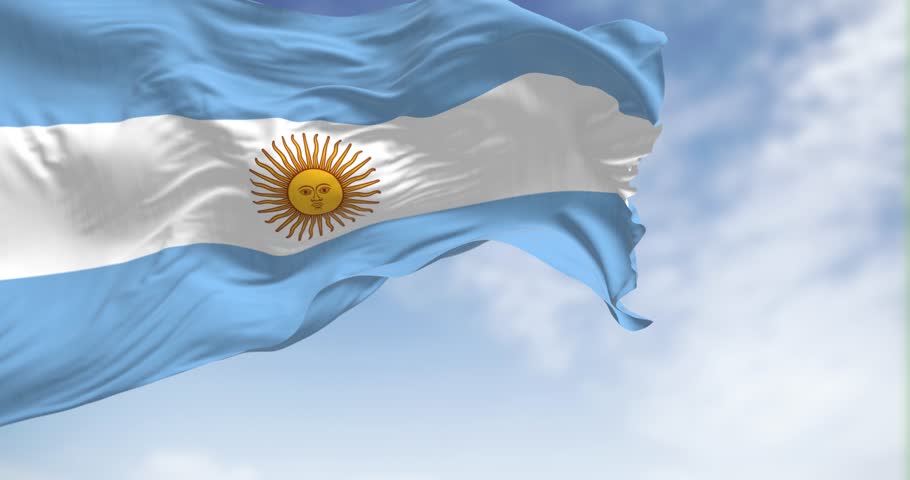 Argentina national flag fluttering on a sunny day. Three equal blue and white horizontal bands with the Sun of May in the center. Seamless 3d render animation. Slow motion loop. Fluttering fabric.