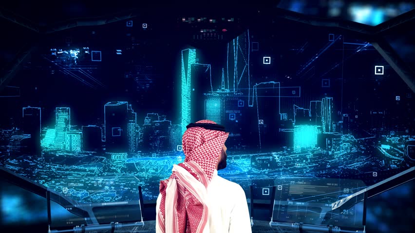 saudi arabia Futuristic city , Artificial intelligence, Internet of things,Aerial view of saudi arabia, vision 2030, saudi arabia, riyadh, holographic city Royalty-Free Stock Footage #1103910603