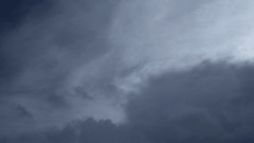 Image of fluffy stormy grey clouds flying fast through sky in hypnotic motion. Heavenly peaceful time lapse