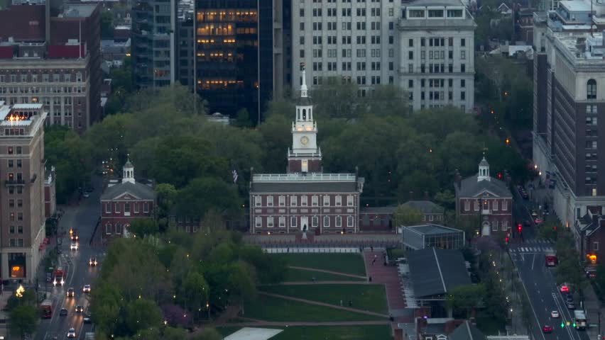 Independence Hall in Philadelphia. Aerial view at sunset.