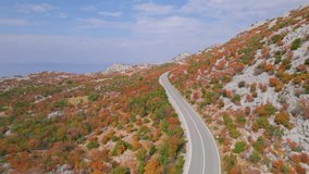 AERIAL: Breath-taking views along coastal highway in colorful autumn season. Picturesque and rugged Mediterranean landscape glowing in shades of fall season and car driving along the asphalt roadway.