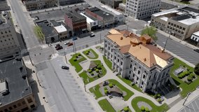 Grant County Courthouse in Marion, Indiana with drone video moving sideways.