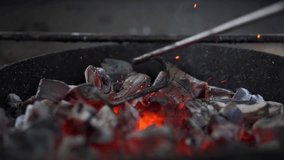 Burning wooden coals on the grill. Fiery sparks on black background. Slow motions - Powered by Shutterstock - Get 15% off with code: PIKWIZARD15