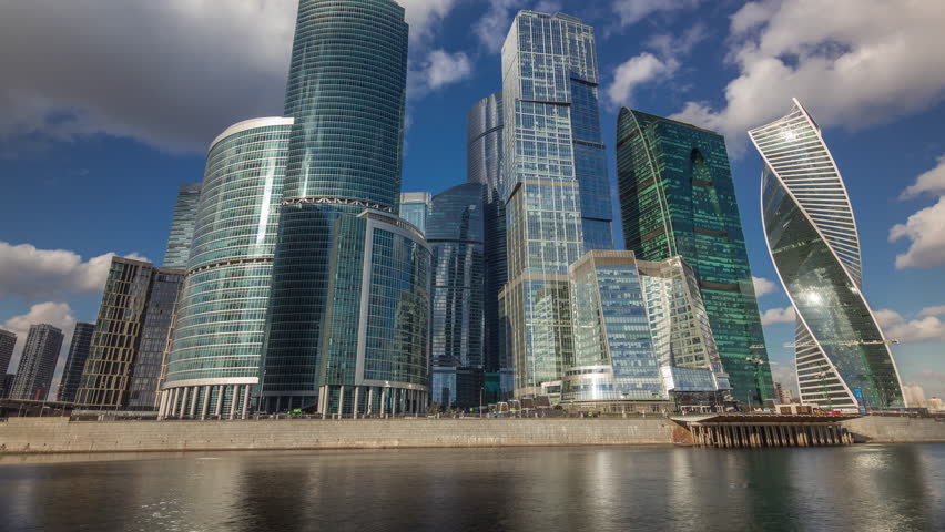 Moscow City business center skyscrapers office buildings and luxury apartments timelapse hyperlapse. River and towers panorama. Modern european architecture Royalty-Free Stock Footage #1103922147