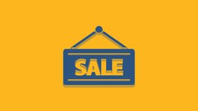 Blue Hanging sign with text Sale icon isolated on orange background. Signboard with text Sale. 4K Video motion graphic animation.