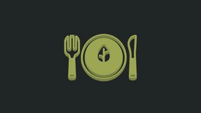 Green Vegan food diet icon isolated on black background. Organic, bio, eco symbol. Vegan, no meat, lactose free, healthy, fresh and nonviolent food. 4K Video motion graphic animation .