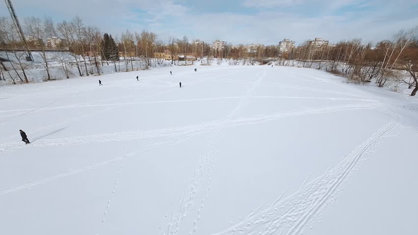 Nizhny Novgorod, Russia, February 13, 2023.  FPV shooting of skiers, aerial shooting of skiers, cross-country skiing