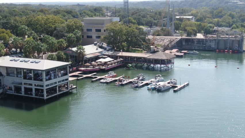 Aerial views from over Lake Austin, just outside of Austin, Texas.