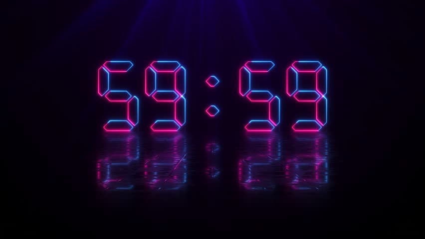 One Hour Neon Digital Negative Countdown Timer. 1 Hour Digital Negative Countdown. Neon One Hour Digital Timer. Ultra HD 4K Royalty-Free Stock Footage #1103928479