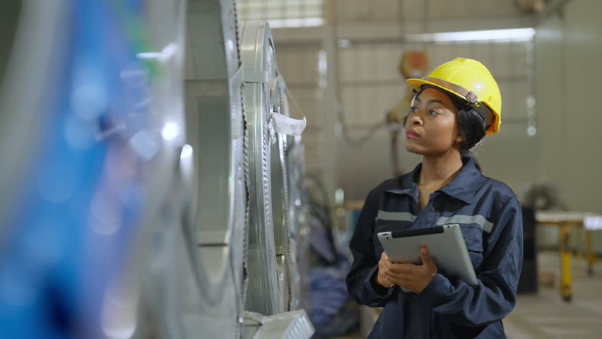 Engineer woman examining and measuring steel at lathe factory, worker or technician check and maintenance metal with professional, industry and machinery concept. Royalty-Free Stock Footage #1103928603