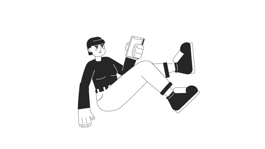 Animated bw excited girl with phone. Young woman with smartphone shaking legs 2D cartoon monochromatic animation. Thin line flat character 4K video footage, alpha channel transparency for web design