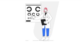 Vision eye test animation. Animated female ophthalmologist 2D cartoon flat colour line character. Optician eye chart 4K video concept footage on white with alpha channel transparency for web design - Powered by Shutterstock - Get 15% off with code: PIKWIZARD15