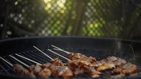 Placing Raw Chiken Skewers on a Hot Grill. Stock video for editing usage.