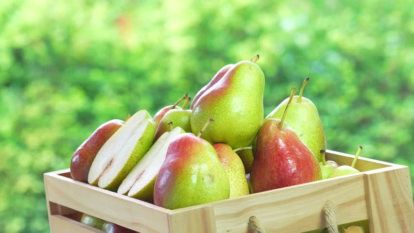 Red pear in wooden box over blur greenery background, Red pear in basket on green bokeh background. Royalty-Free Stock Footage #1103938491