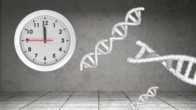 Animation of clock moving over dna strands on gray background. Global science and digital interface concept digitally generated video. - Powered by Shutterstock - Get 15% off with code: PIKWIZARD15