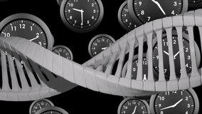 Animation of clocks moving over dna strand on black background. Global science and digital interface concept digitally generated video. - Powered by Shutterstock - Get 15% off with code: PIKWIZARD15