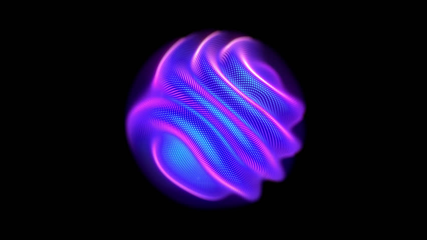 Neon glowing 3D sphere with moving waving pixelated surface on black background. Abstract visualization of soundwaves, big data or artificial intelligence. Seamless loop 4K animation of ethereal waves Royalty-Free Stock Footage #1103944773