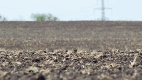 Plowed land in extremely hot weather, where heat creates hazy atmosphere and distorts distant view. Сoncept video highlights impact of global warming and climate change on agriculture