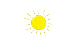 Animated cheerful bright sun, drawn by child, smiles joyfully. Good summer mood. Cartoon looped video isolated on white background