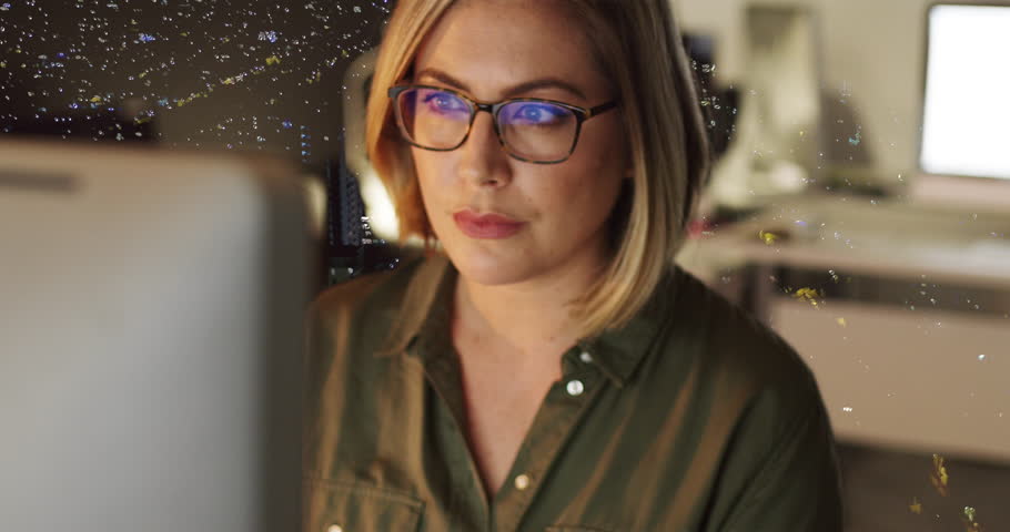 Night, double exposure and computer with business woman in office or networking, research and focus. Technology, internet and cityscape with female employee for website, communication and creative Royalty-Free Stock Footage #1103946169