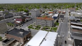 Downtown Marion, Indiana with drone video pulling back.