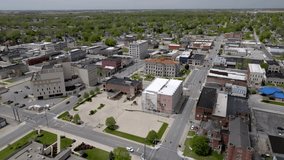 Downtown Marion, Indiana with drone video moving in a circle.
