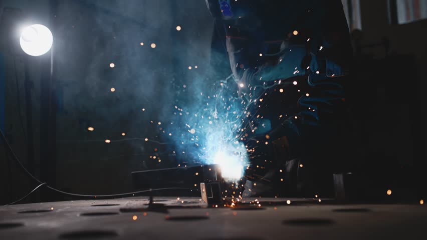 Close-up blacksmith welder in protective mask works with metal using a welding machine, bright sparks and flashes in slow motion | Shutterstock HD Video #1103954205