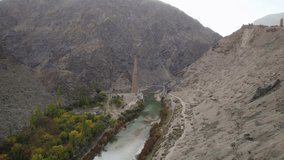 Valley of Hari River with Minaret of Jam, Ghowr Province in Afghanistan. Aerial ascending