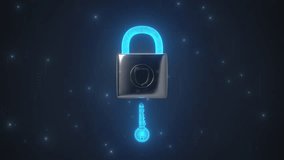 Cybersecurity and data protection. A flurry of files fly into a silver padlock and are locked securely with a key. An electric blue shine shows the valuable information is safe. - Powered by Shutterstock - Get 15% off with code: PIKWIZARD15