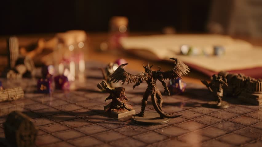 A person plays a fantasy roleplaying game, moving miniatures and rolling dice Royalty-Free Stock Footage #1103958021