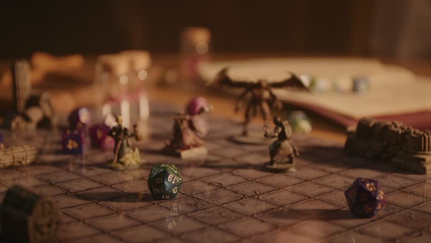 A person plays a fantasy roleplaying game, moving miniatures and rolling dice Royalty-Free Stock Footage #1103958027