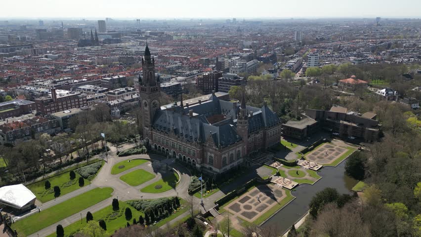 Aerial view of The Peace Palace (Vredespaleis) in The Hague , Netherlands Royalty-Free Stock Footage #1103958961