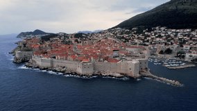 Aerial view of Dubrovnik Old City, video from the drone, 4k cityscape. Beautiful old town view from the aerial. 