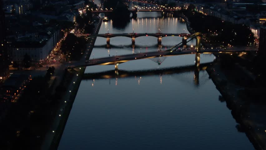 Establishing Aerial Reveal Shot Of Skyline Plaza Frankfurt and River Main Germany At Dusk