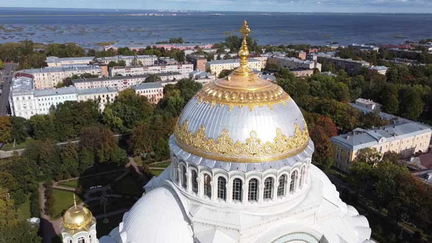 Aerial view of Orthodox Naval Cathedral of St. Nicholas. Built in 1903-1913. Kronshtadt, St.Petersburg, Russia