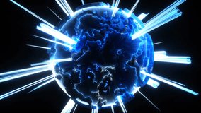 3d render of abstract art loop video animation with surreal ball sphere planet earth in rotation deformation process in neon blue color with glowing rays energy lites around on black background